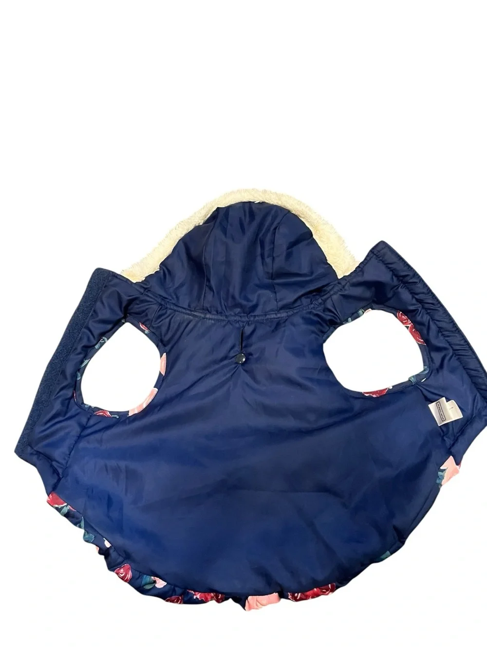 Navy Floral Puffer Dog Coat with Faux Fur Hood